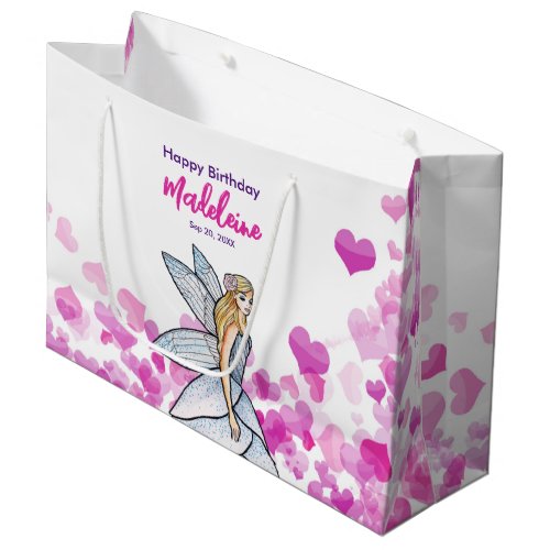 Birthday Fairy Princess Pink Hearts Fashion Sketch Large Gift Bag