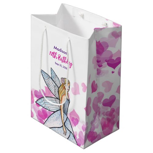 Birthday Fairy Princess Pink Hearts Fashion Sketch Medium Gift Bag