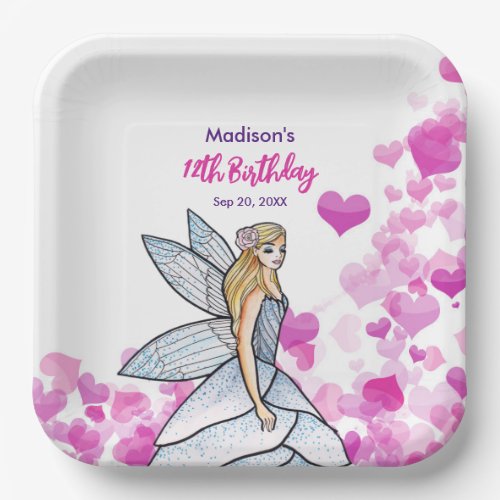 Birthday Fairy Princess Pink Hearts Fashion Sketch Paper Plates