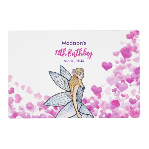 Birthday Fairy Princess Pink Hearts Fashion Sketch Placemat