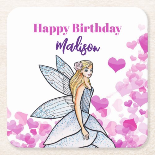 Birthday Fairy Princess Pink Hearts Fashion Sketch Square Paper Coaster