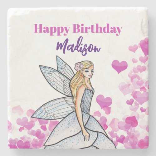 Birthday Fairy Princess Pink Hearts Fashion Sketch Stone Coaster