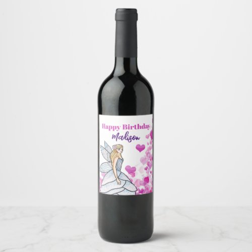 Birthday Fairy Princess Pink Hearts Fashion Sketch Wine Label