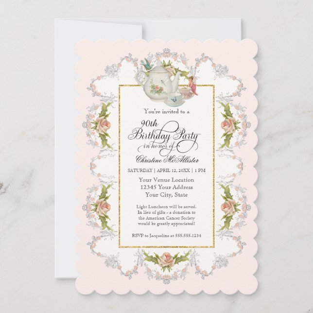 Birthday Fairy Tea Party, Roses Teapot n Cups Invitation (Front)