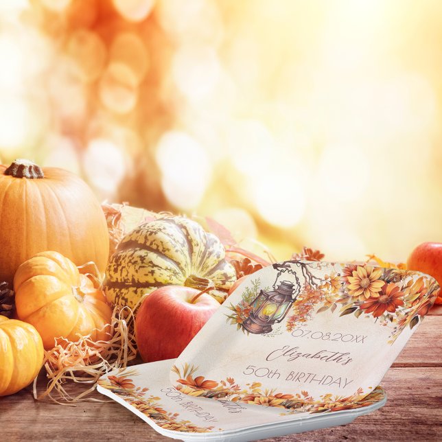 Birthday fall orange florals rustic lamp paper plates (Creator Uploaded)