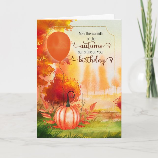 Birthday Fall Season Autumn Pumpkin and Balloon Card (Front)