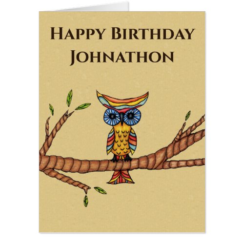 Birthday Fantasy Abstract Colorful Owl on Branch Card