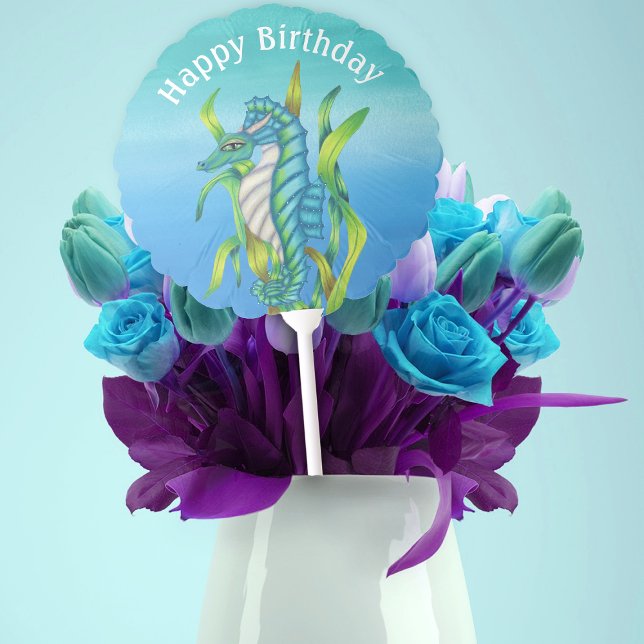 Birthday Fantasy Sea Dragon Seaweed Blues Balloon (Aqua blue and white fantasy sea dragon in seaweed on shades of blue Happy Birthday mylar balloon.)