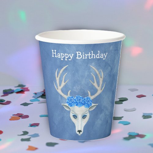 Birthday Fantasy White Deer Head Blue Roses Paper Cups