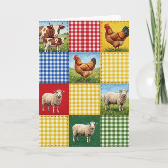 Birthday Farm Animals and Gingham Patchwork Quilt Card (Front)