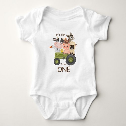 Birthday Farm animals on tractor Fun to be ONE Baby Bodysuit