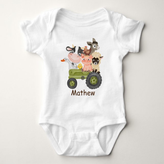 Birthday Farm animals on tractor, I’m one Baby Bod Bodysuit (Front)