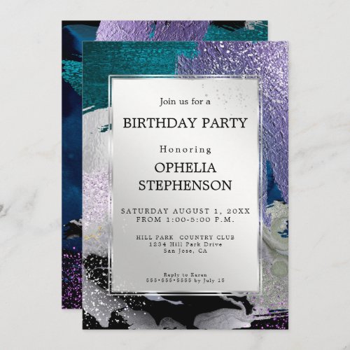 Birthday  Faux Metallic Silver Lilac Aqua Invitation