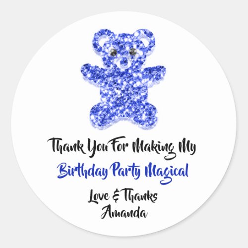  Birthday Favor Glitter Blue Sweet Bear White   Classic Round Sticker