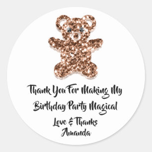 Birthday Favor Glitter Brown Sweet Bear White Classic Round Sticker