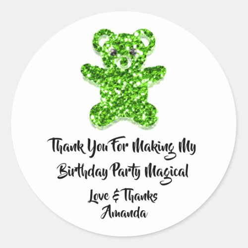  Birthday Favor Glitter Green Sweet Bear White   Classic Round Sticker