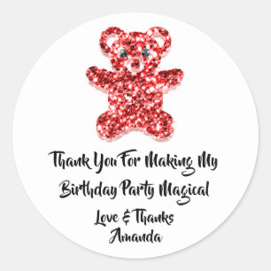  Birthday Favor Glitter Red Sweet Bear White Classic Round Sticker