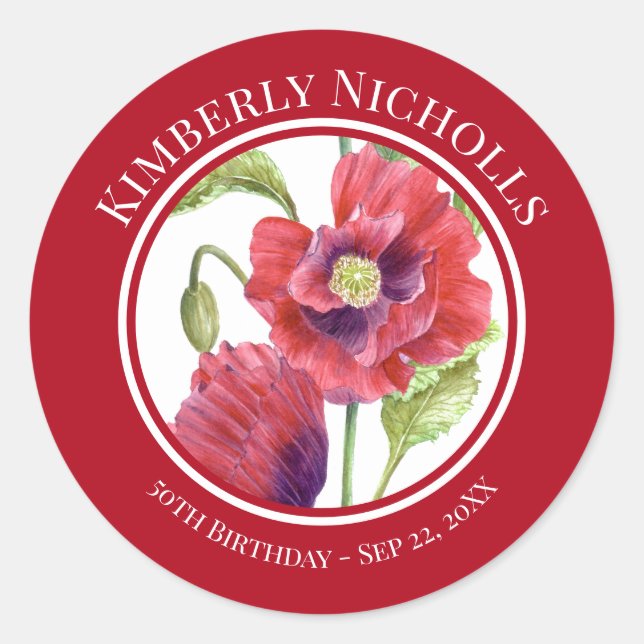 Birthday Favor Red Poppies Floral Circle Classic Round Sticker (Front)