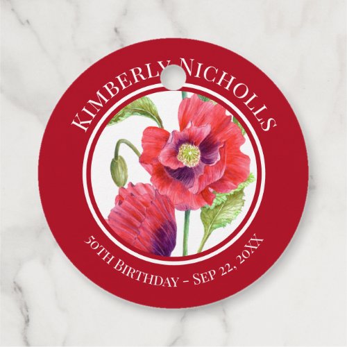 Birthday Favor Red Poppies Floral Circle Favor Tags