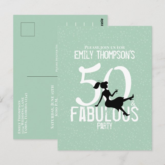Birthday Fifty and Fabulous Modern Cocktails Mint Postcard (Front/Back)