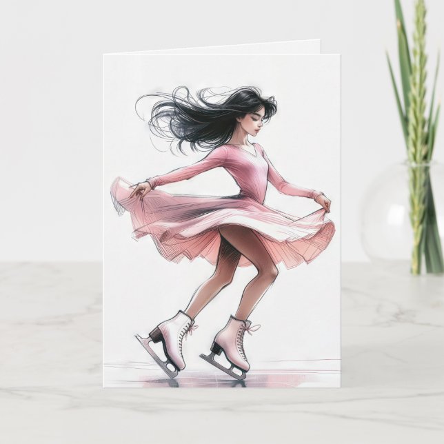 Birthday Figure Skater Girl With Pink Ice Skates Card (Front)