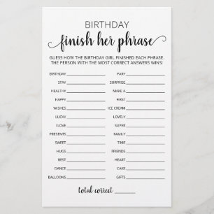 Birthday Finish Her Phrase Birthday Party game