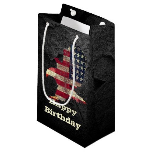 Birthday Flag and Bald Eagle on Black Rock Small Gift Bag