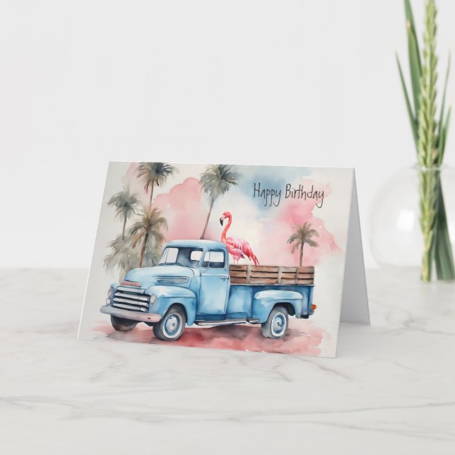 Birthday Flamingo In Retro Blue Truck Card (Front)