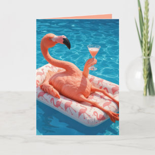Birthday Flamingo Relaxing On a Pool Mattress Card