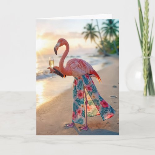 Birthday Flamingo With Champagne On a Beach