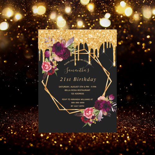 Birthday floral black gold glitter glam invitation postcard