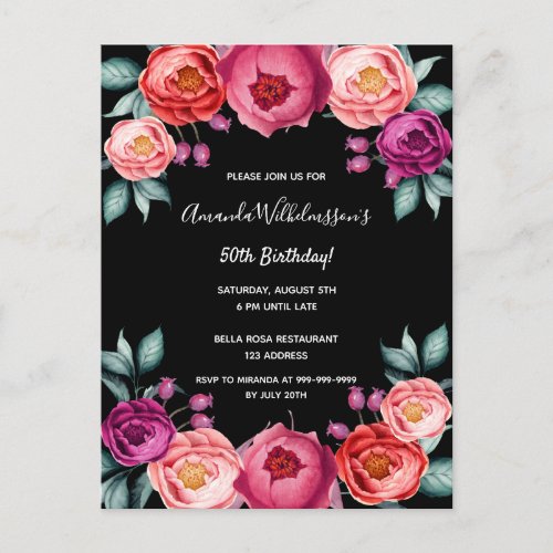 Birthday floral black rose gold blush invitation postcard