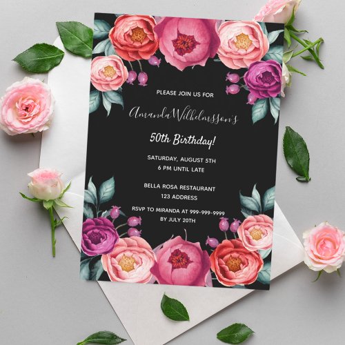 Birthday floral black rose gold blush pink purple  invitation