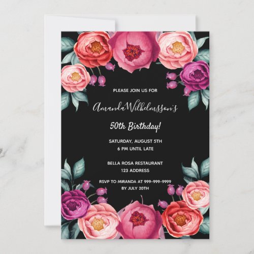 Birthday floral black rose gold blush pink purple  invitation