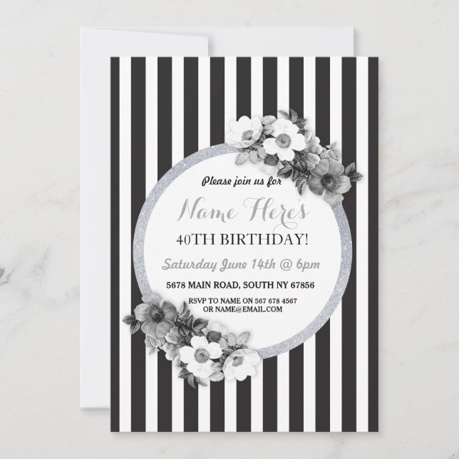 Birthday Floral Black White Silver Stripe Invite (Front)