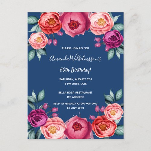 Birthday floral blue rose gold pink invitation postcard