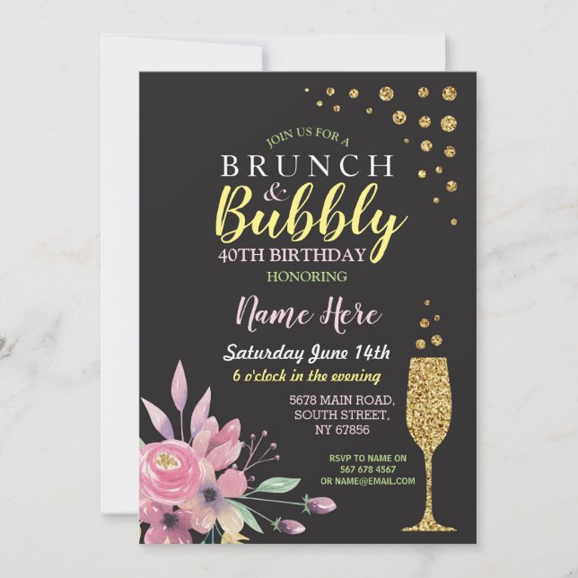 Birthday Floral Brunch & Bubbly Pink Invite (Front)