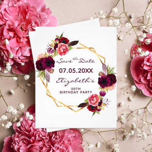 Birthday floral burgundy budget Save the Date Flyer