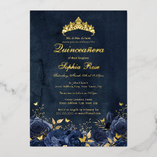 Birthday Floral Butterfly Tiara Navy Quinceanera Foil Invitation