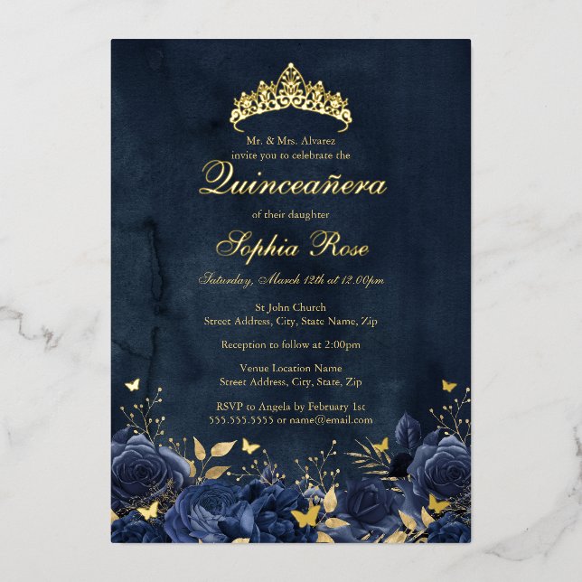 Birthday Floral Butterfly Tiara Navy Quinceanera Foil Invitation (Front)