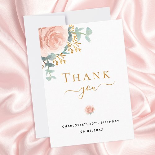 Birthday floral eucalyptus greenery rose gold pink thank you card