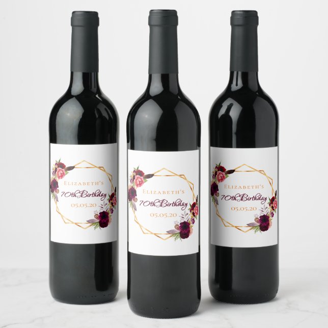 Birthday floral gold white geo burgundy name wine label (Bottles)