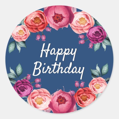 Birthday floral navy blue rose gold blush pink classic round sticker