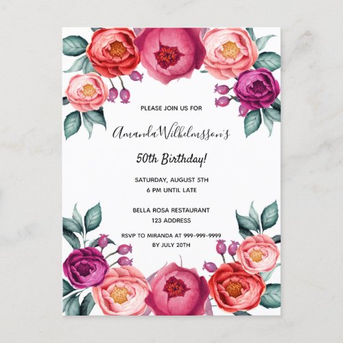 Birthday floral pink purple rose gold invitation postcard