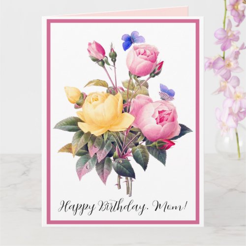 Birthday Floral Pink Yellow Roses Purple Butterfly Card