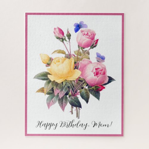 Birthday Floral Pink Yellow Roses Purple Butterfly Jigsaw Puzzle