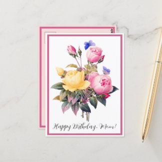 Birthday Floral Pink Yellow Roses Purple Butterfly Postcard