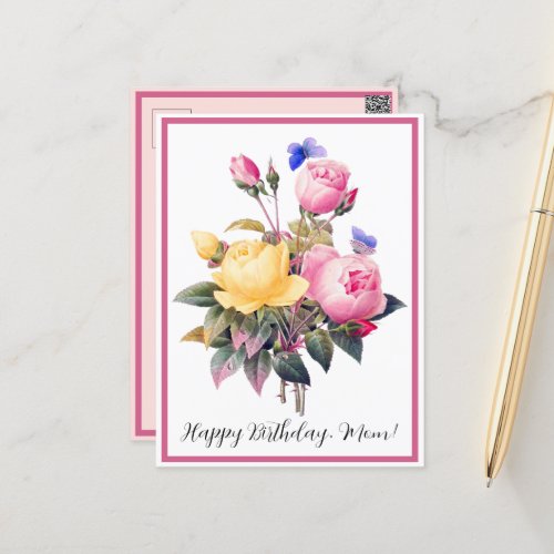 Birthday Floral Pink Yellow Roses Purple Butterfly Postcard