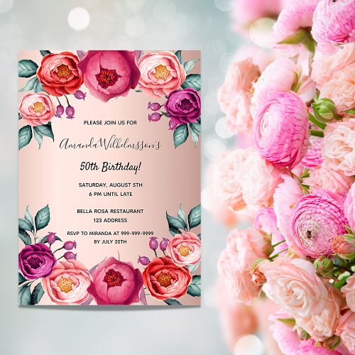 Birthday floral rose gold blush pink elegant invitation