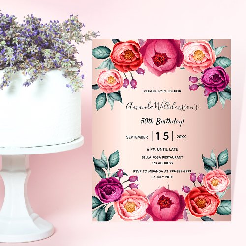 Birthday floral rose gold blush pink invitation postcard